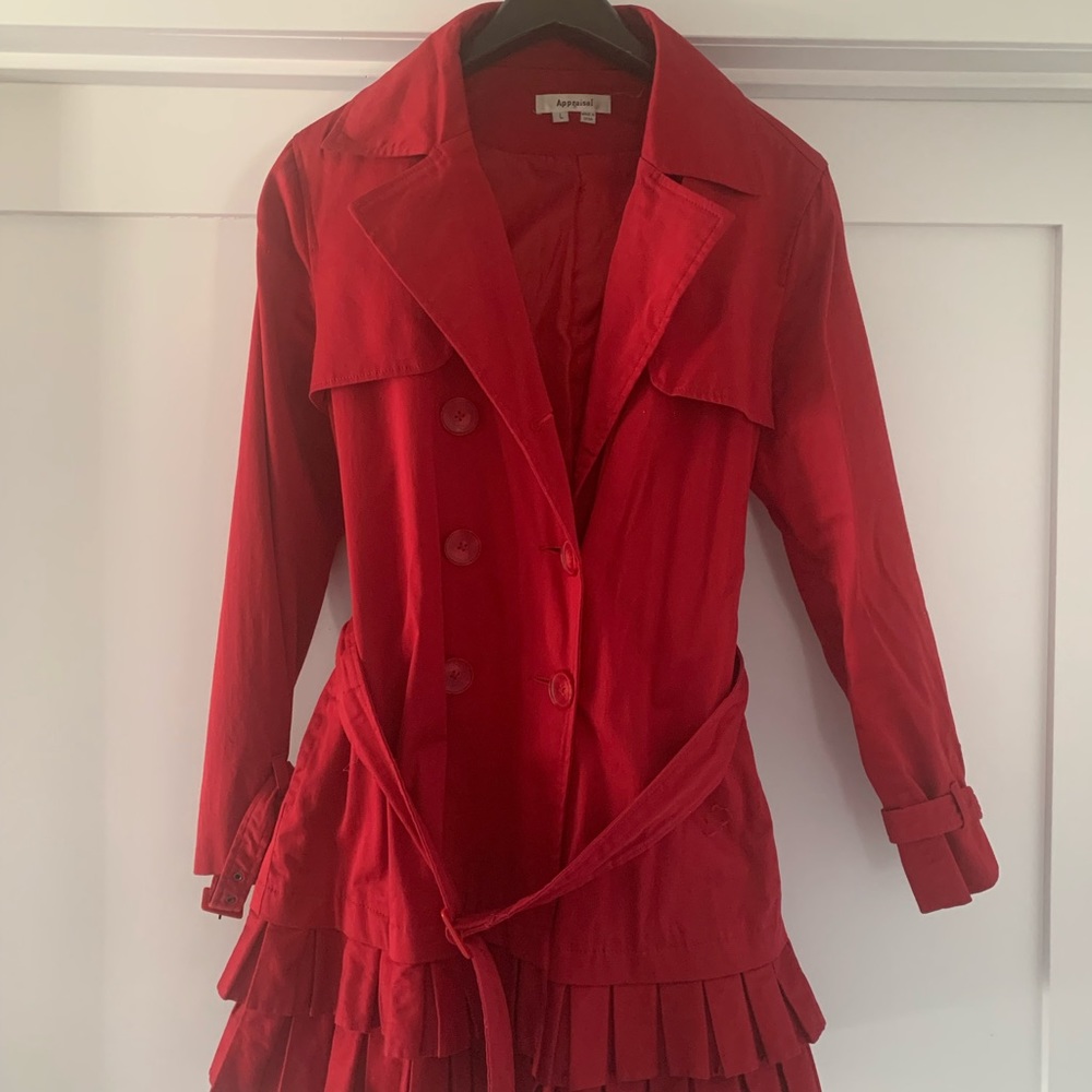 Red Spring Jacket with belt and pockets. Double breasted.